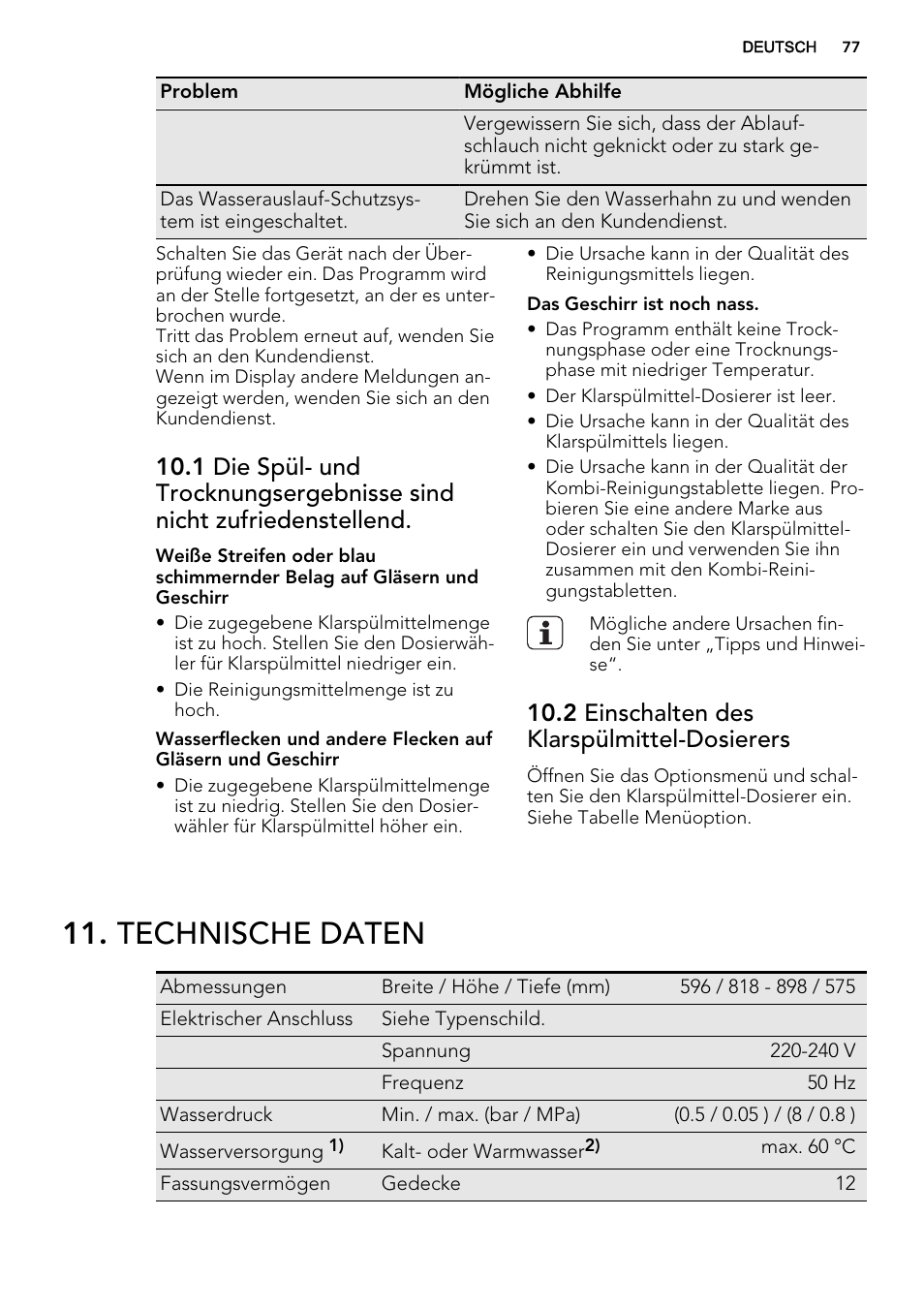 Technische daten, 2 einschalten des klarspülmittel-dosierers | AEG F65722IM0P User Manual | Page 77 / 80