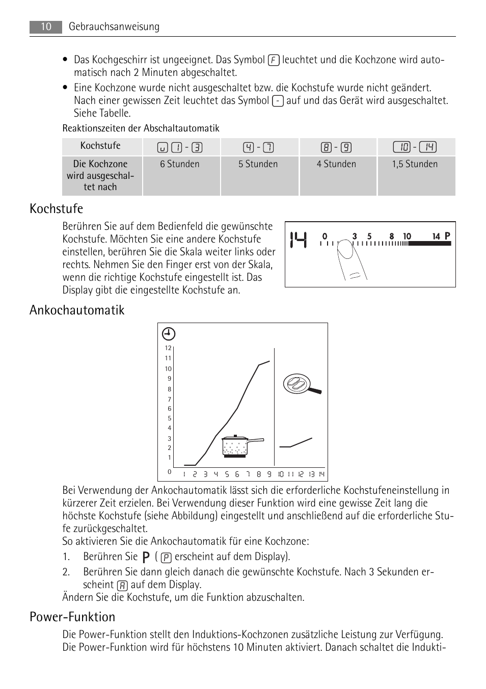 Kochstufe, Ankochautomatik, Power-funktion | AEG HK654400XB User Manual | Page 10 / 68