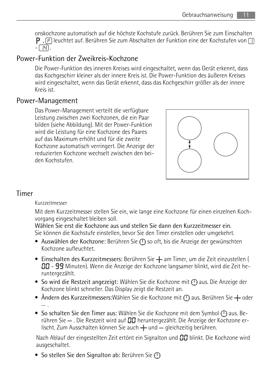 Power-funktion der zweikreis-kochzone, Power-management, Timer | AEG HK654400XB User Manual | Page 11 / 68