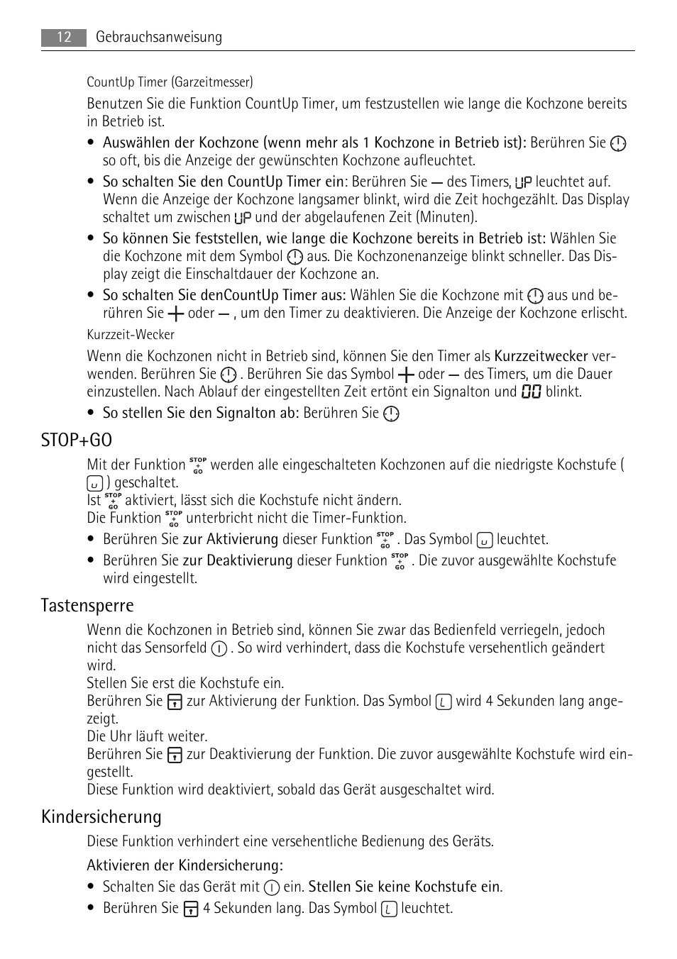 Stop+go, Tastensperre, Kindersicherung | AEG HK654400XB User Manual | Page 12 / 68