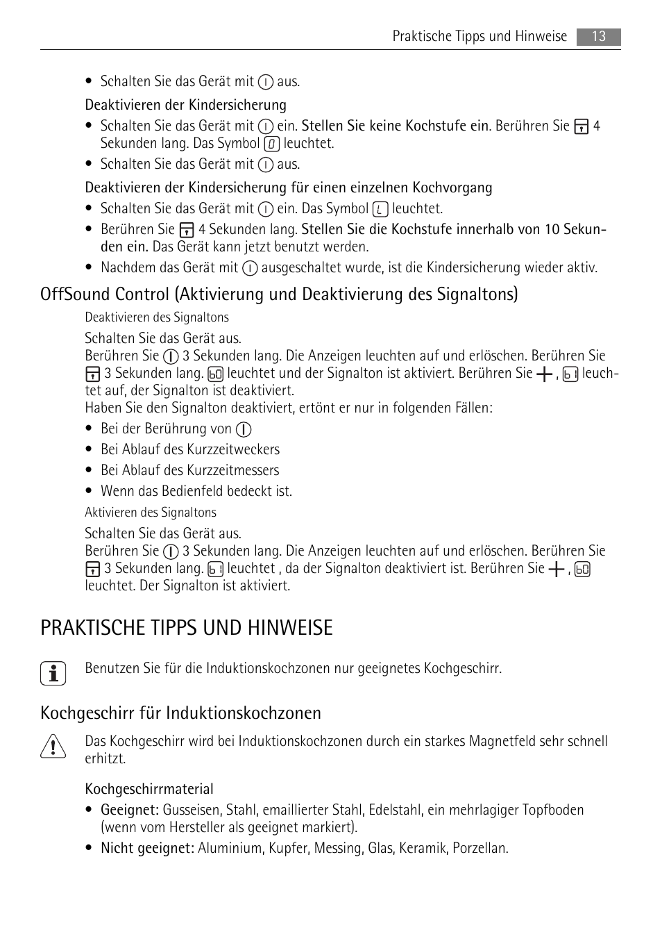 Praktische tipps und hinweise, Kochgeschirr für induktionskochzonen | AEG HK654400XB User Manual | Page 13 / 68