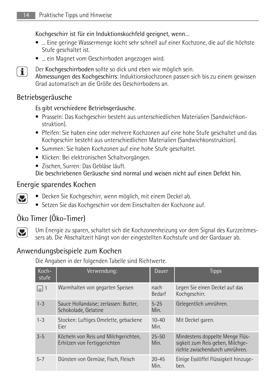 Betriebsgeräusche, Energie sparendes kochen, Öko timer (öko-timer) | Anwendungsbeispiele zum kochen | AEG HK654400XB User Manual | Page 14 / 68