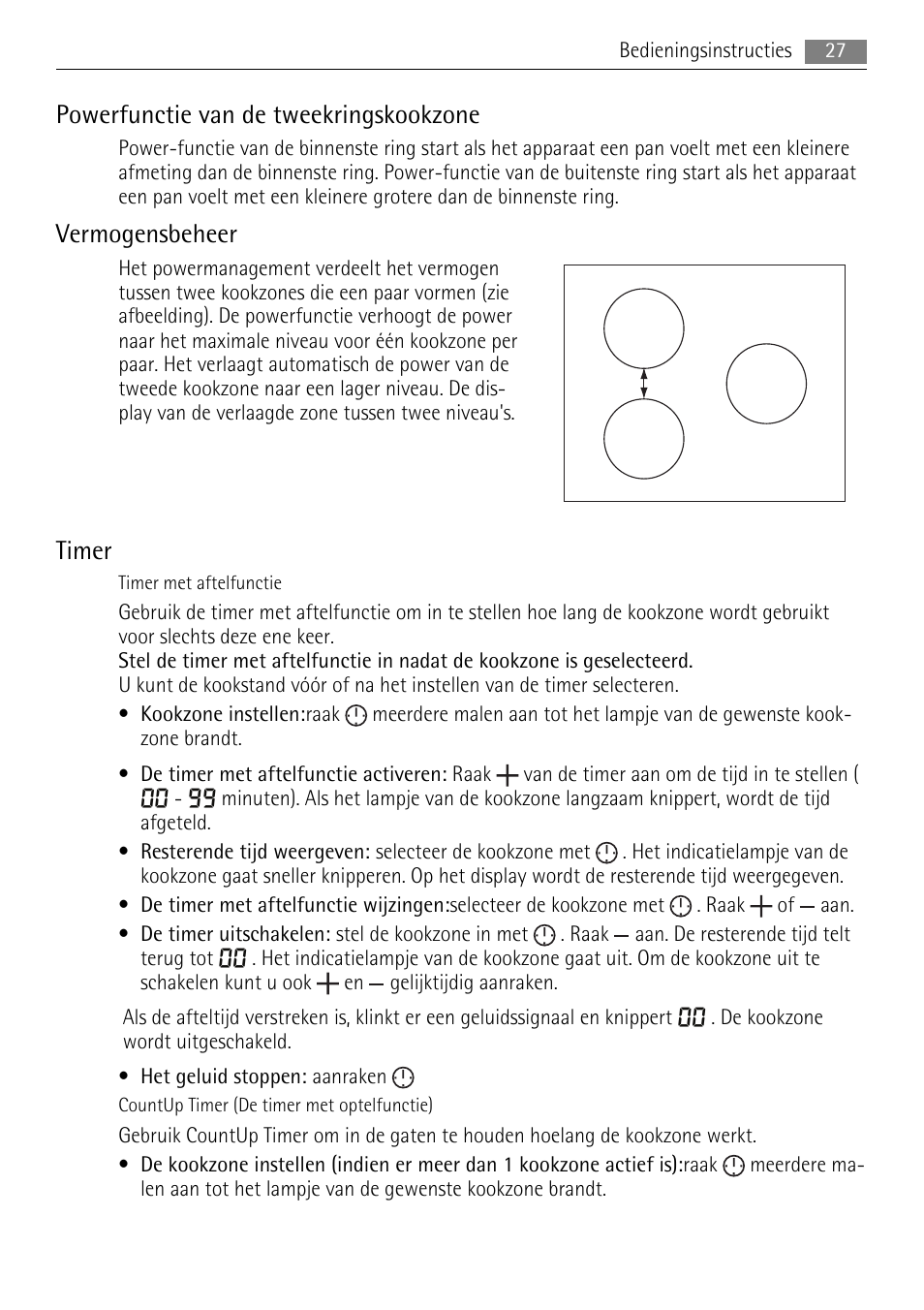 Powerfunctie van de tweekringskookzone, Vermogensbeheer, Timer | AEG HK654400XB User Manual | Page 27 / 68