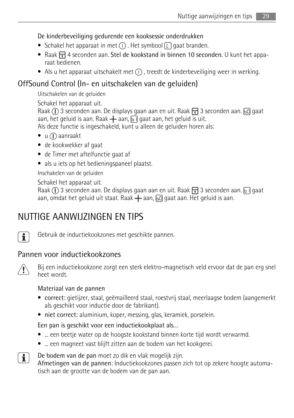 Nuttige aanwijzingen en tips, Pannen voor inductiekookzones | AEG HK654400XB User Manual | Page 29 / 68