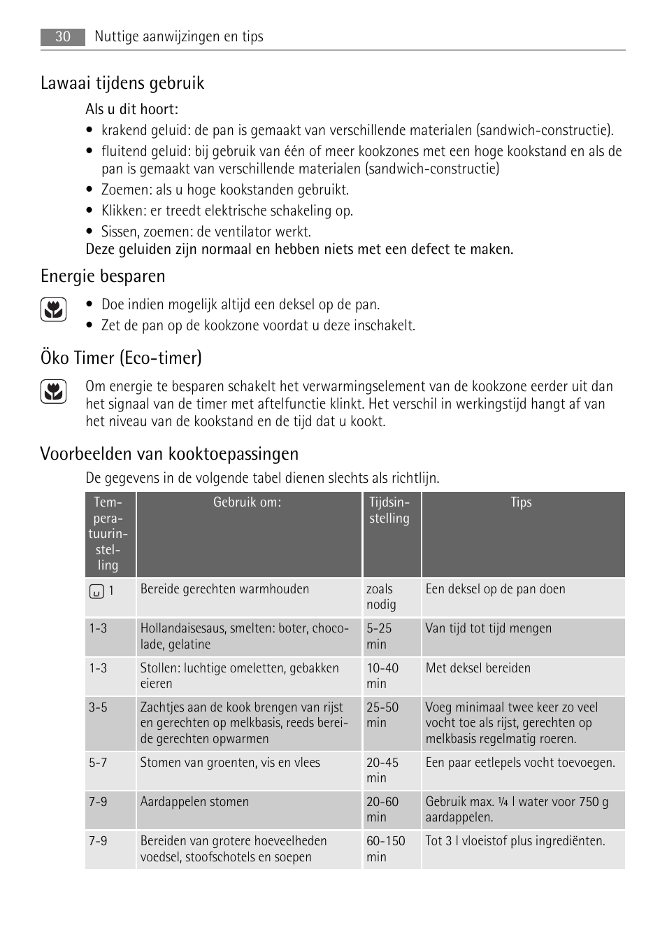 Lawaai tijdens gebruik, Energie besparen, Öko timer (eco-timer) | Voorbeelden van kooktoepassingen | AEG HK654400XB User Manual | Page 30 / 68