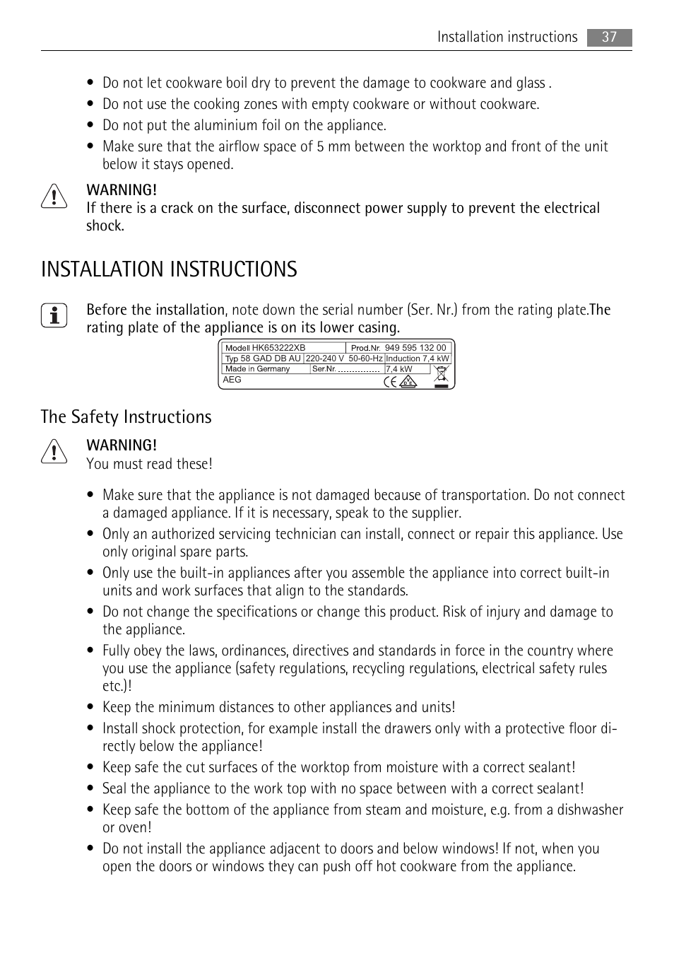 Installation instructions, The safety instructions | AEG HK654400XB User Manual | Page 37 / 68