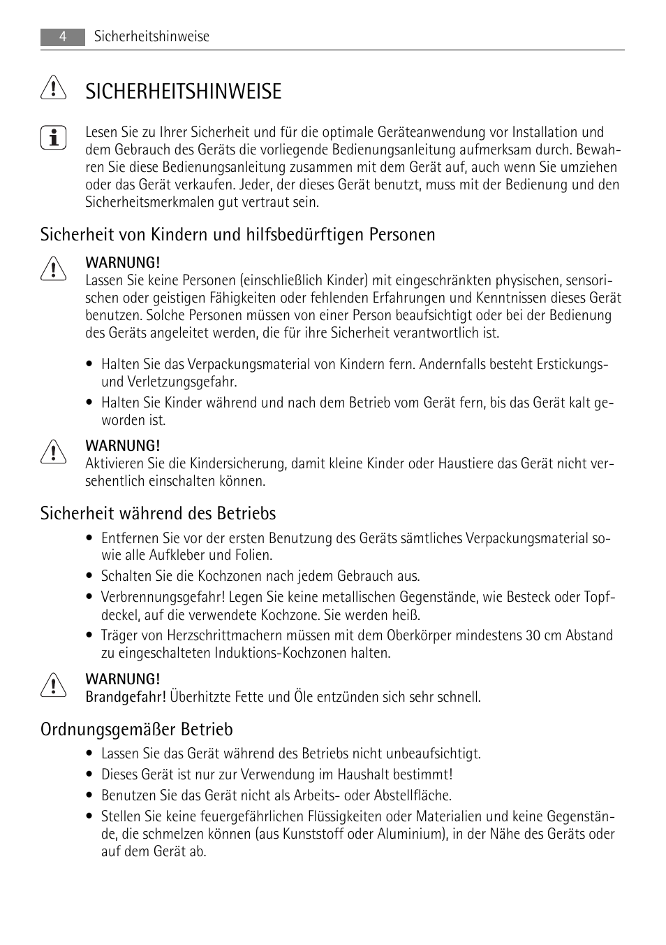 Sicherheitshinweise, Sicherheit während des betriebs, Ordnungsgemäßer betrieb | AEG HK654400XB User Manual | Page 4 / 68