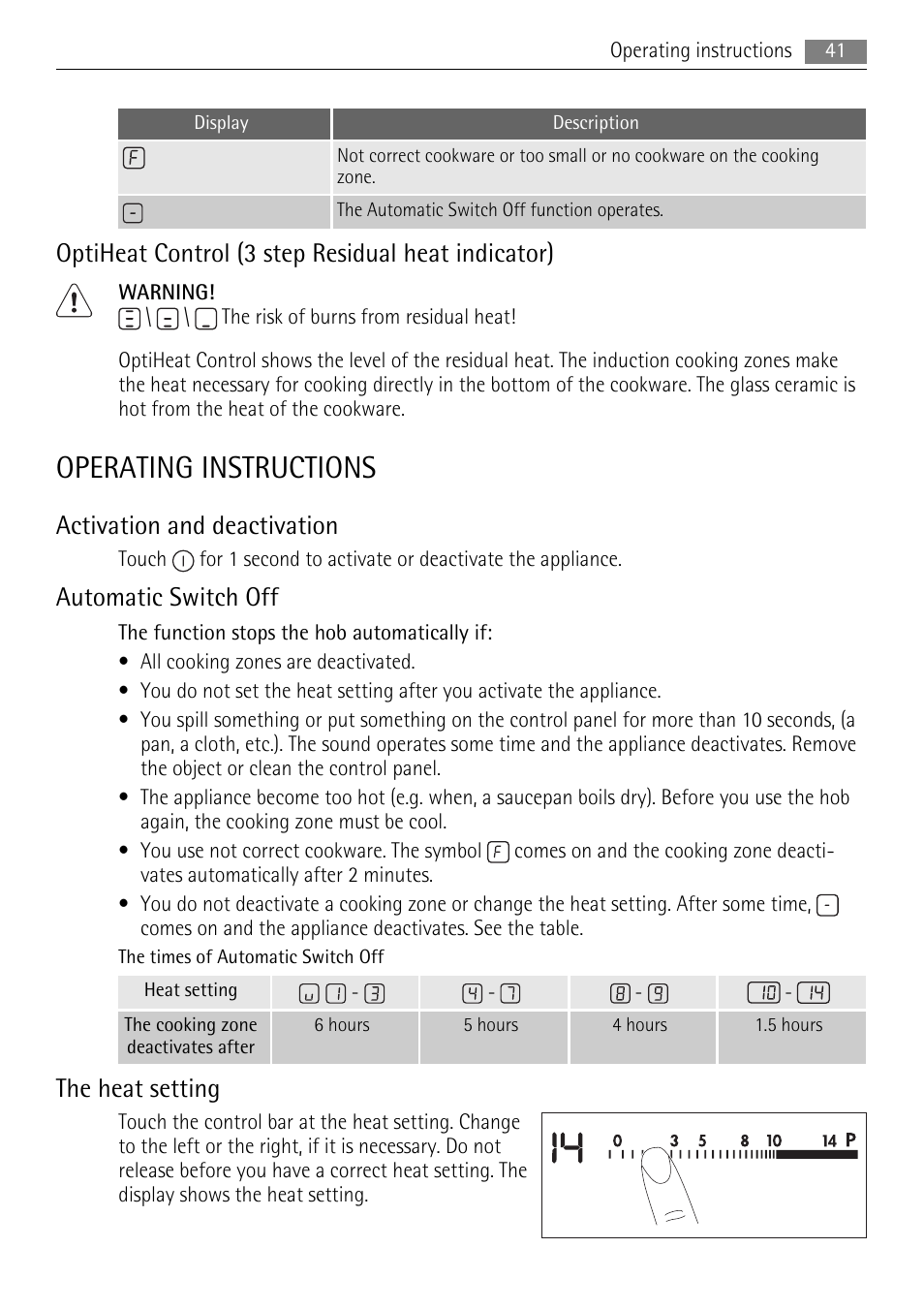 Operating instructions, Optiheat control (3 step residual heat indicator), Activation and deactivation | Automatic switch off, The heat setting | AEG HK654400XB User Manual | Page 41 / 68