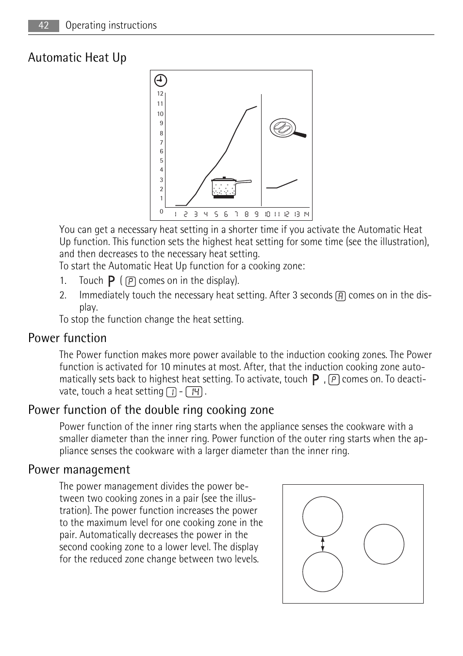 Automatic heat up, Power function, Power function of the double ring cooking zone | Power management | AEG HK654400XB User Manual | Page 42 / 68