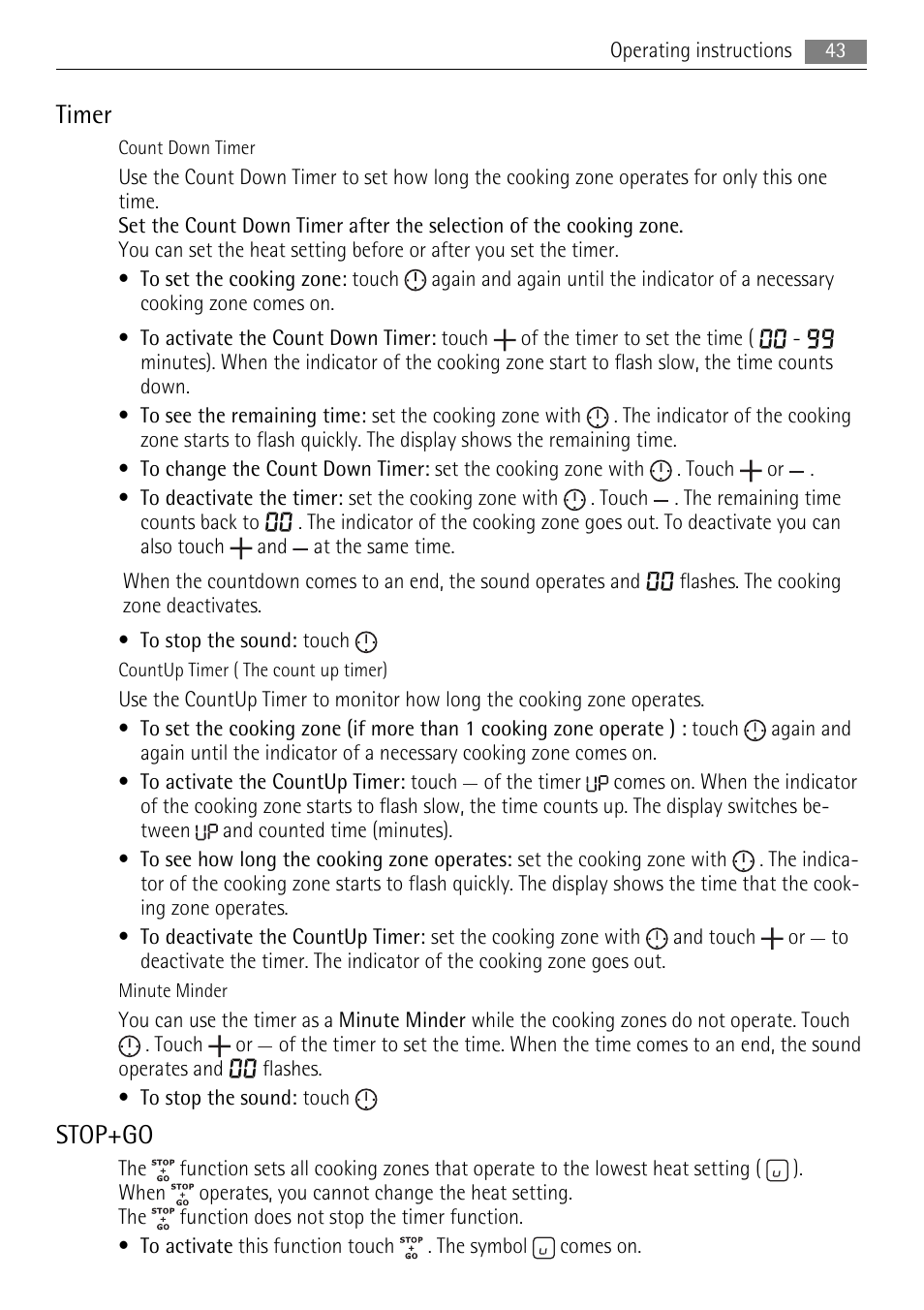 Timer, Stop+go | AEG HK654400XB User Manual | Page 43 / 68
