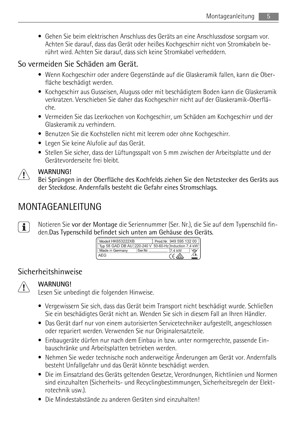 Montageanleitung, So vermeiden sie schäden am gerät, Sicherheitshinweise | AEG HK654400XB User Manual | Page 5 / 68