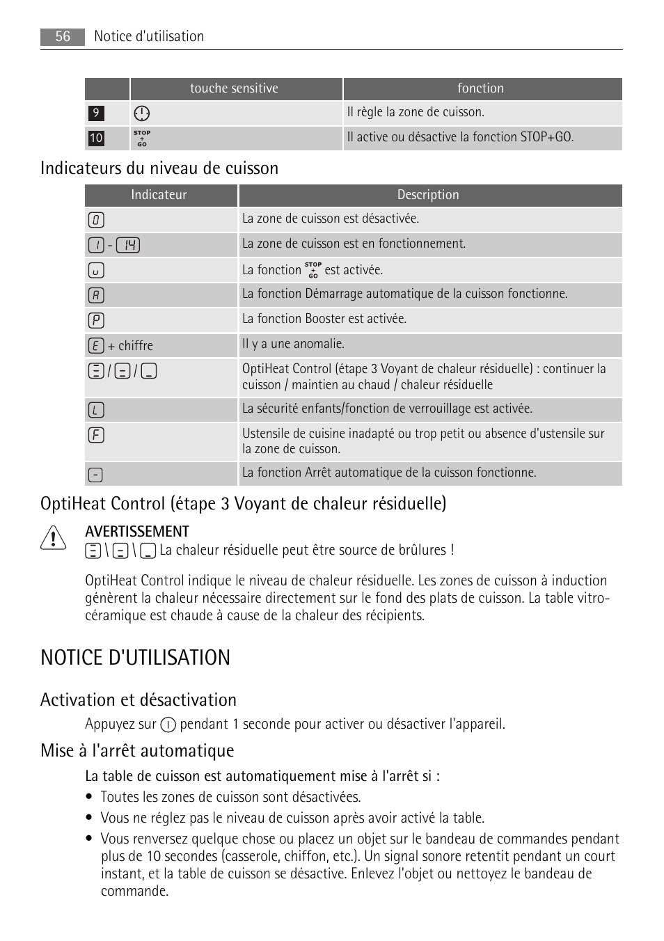 Notice d'utilisation, Indicateurs du niveau de cuisson, Activation et désactivation | Mise à l'arrêt automatique | AEG HK654400XB User Manual | Page 56 / 68