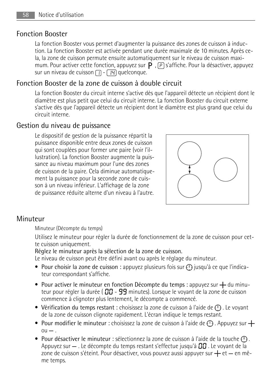 Fonction booster, Gestion du niveau de puissance, Minuteur | AEG HK654400XB User Manual | Page 58 / 68