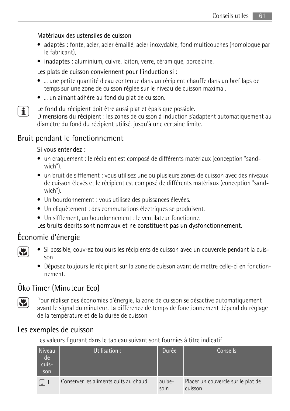 Bruit pendant le fonctionnement, Économie d'énergie, Öko timer (minuteur eco) | Les exemples de cuisson | AEG HK654400XB User Manual | Page 61 / 68