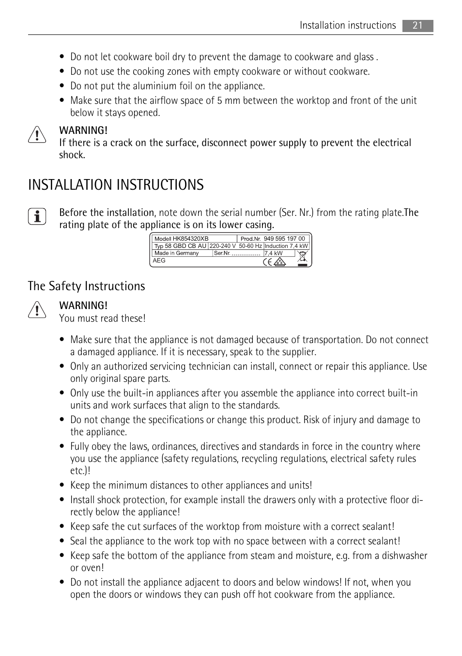 Installation instructions, The safety instructions | AEG HK693322XG User Manual | Page 21 / 68