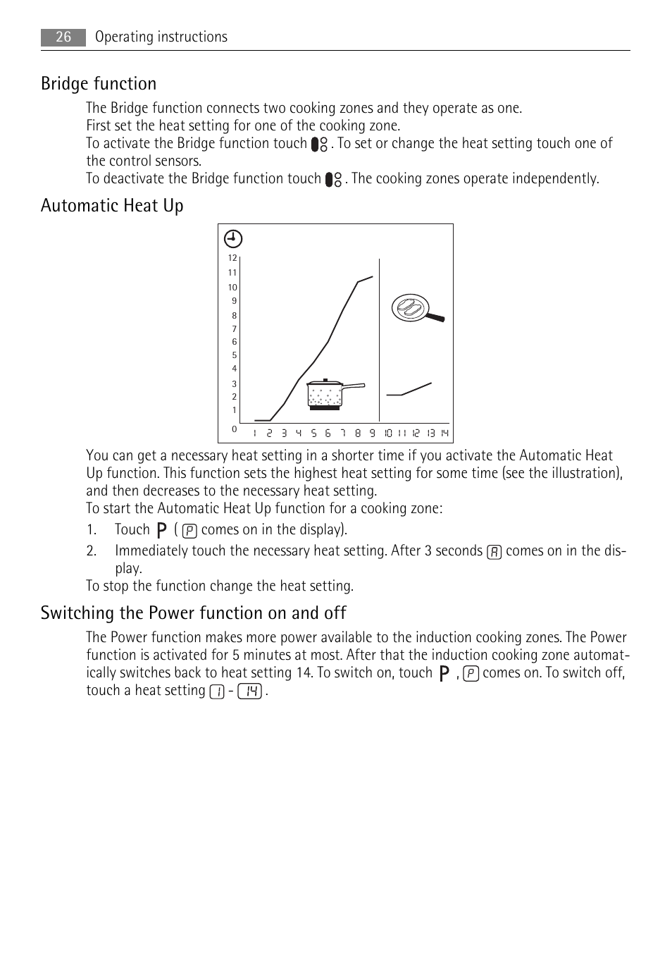 Bridge function, Automatic heat up, Switching the power function on and off | AEG HK693322XG User Manual | Page 26 / 68