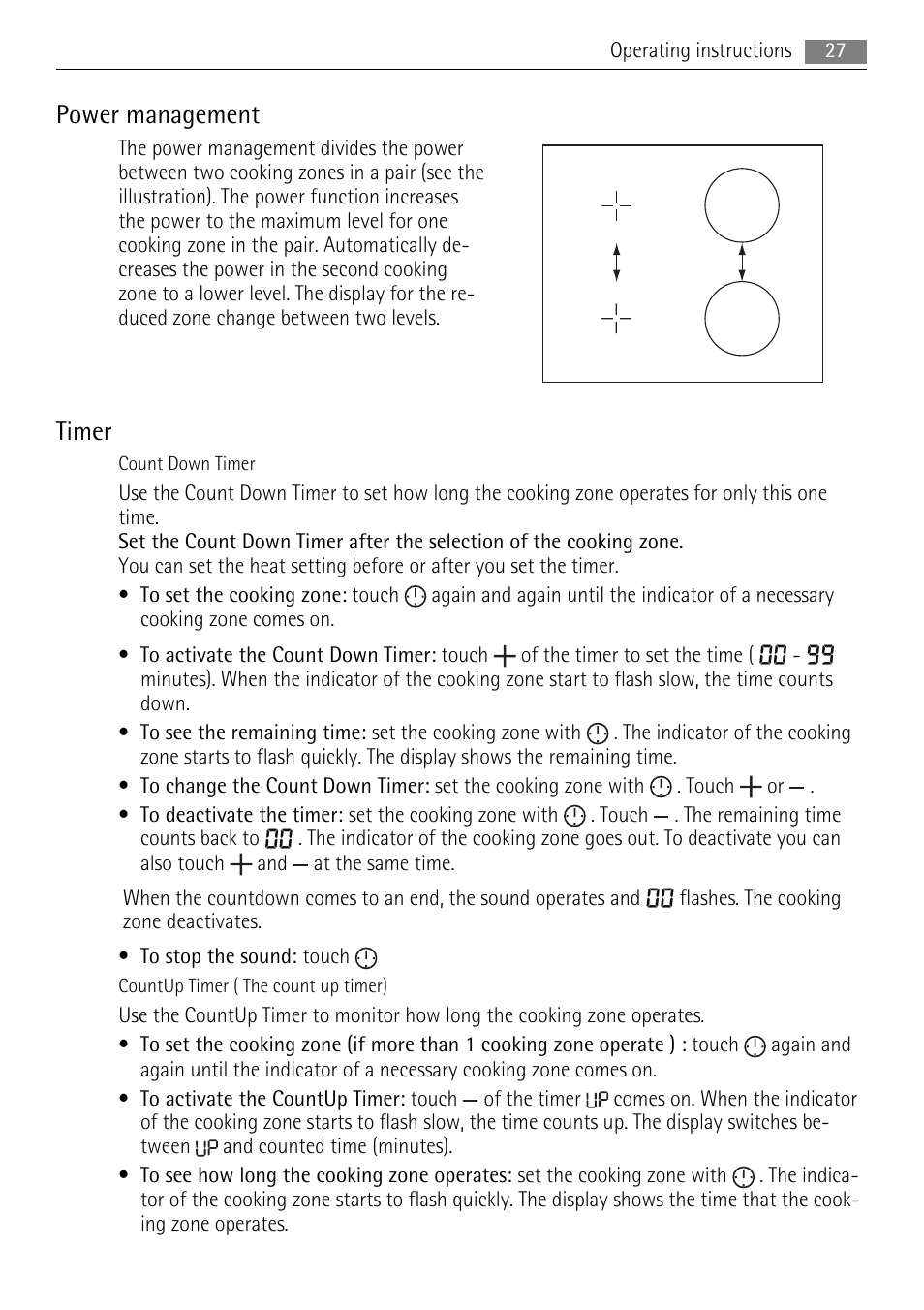 Power management, Timer | AEG HK693322XG User Manual | Page 27 / 68