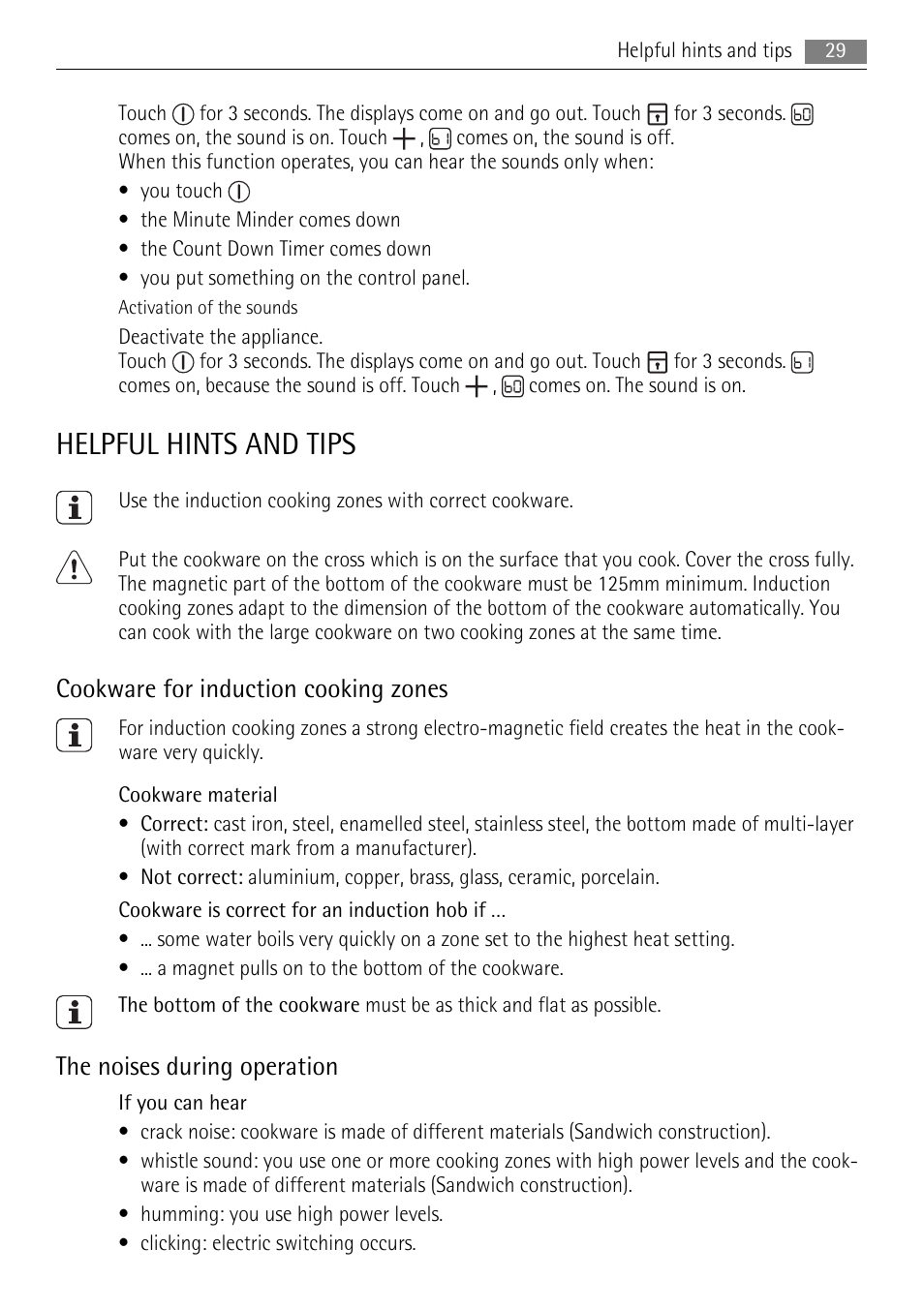 Helpful hints and tips, Cookware for induction cooking zones, The noises during operation | AEG HK693322XG User Manual | Page 29 / 68