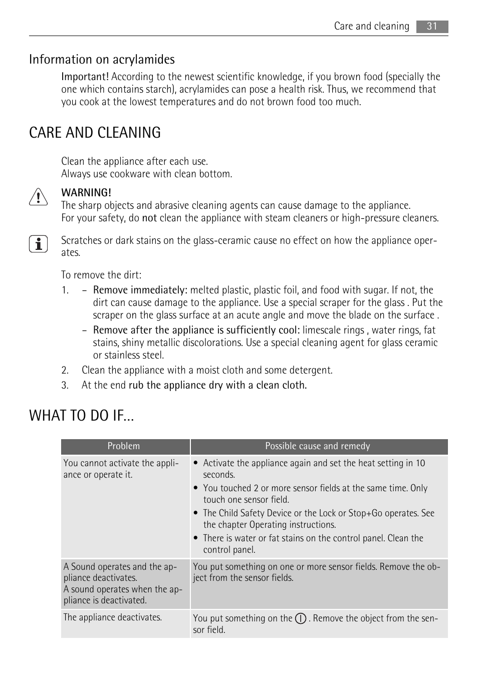 Care and cleaning, What to do if, Information on acrylamides | AEG HK693322XG User Manual | Page 31 / 68