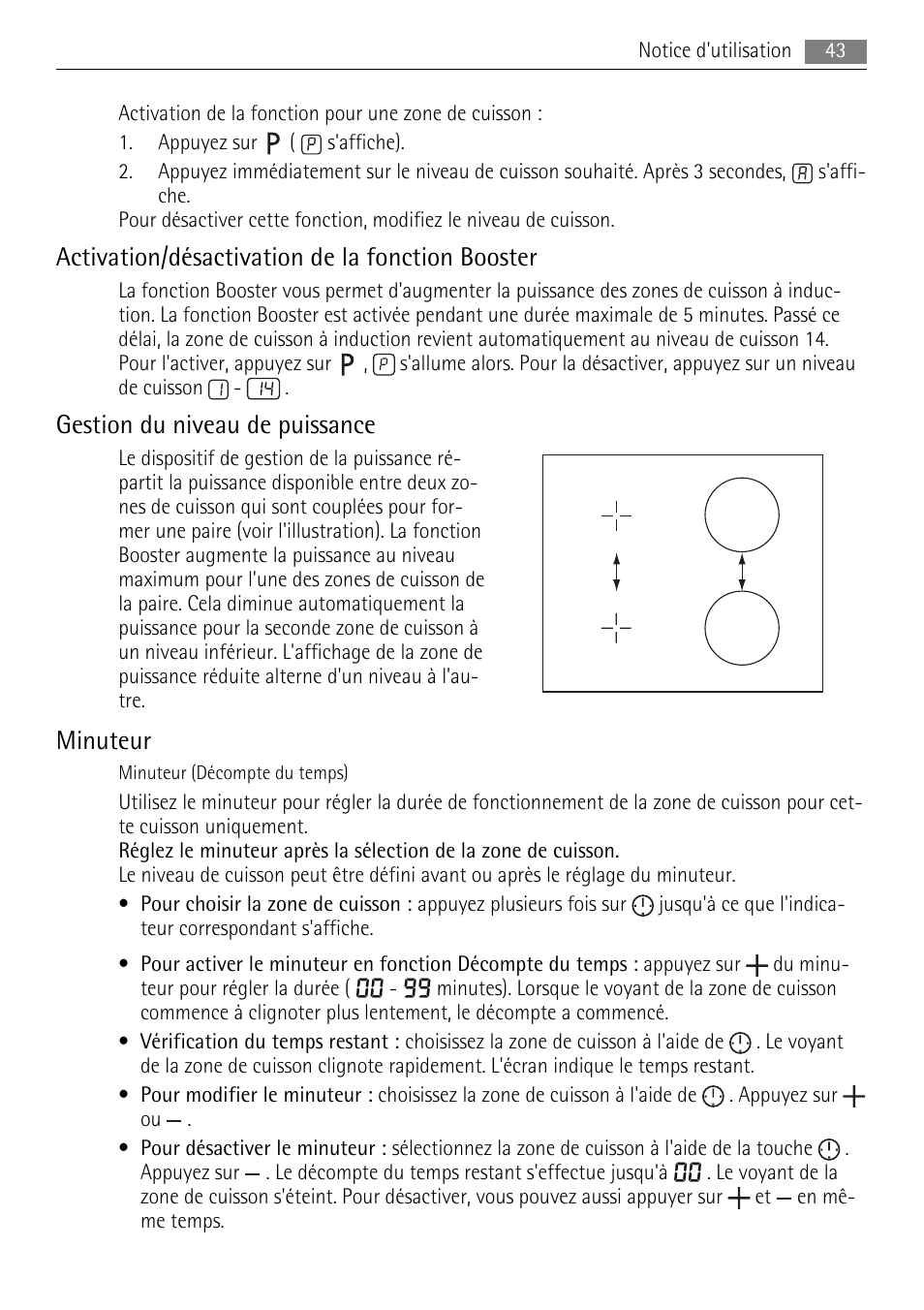 Activation/désactivation de la fonction booster, Gestion du niveau de puissance, Minuteur | AEG HK693322XG User Manual | Page 43 / 68