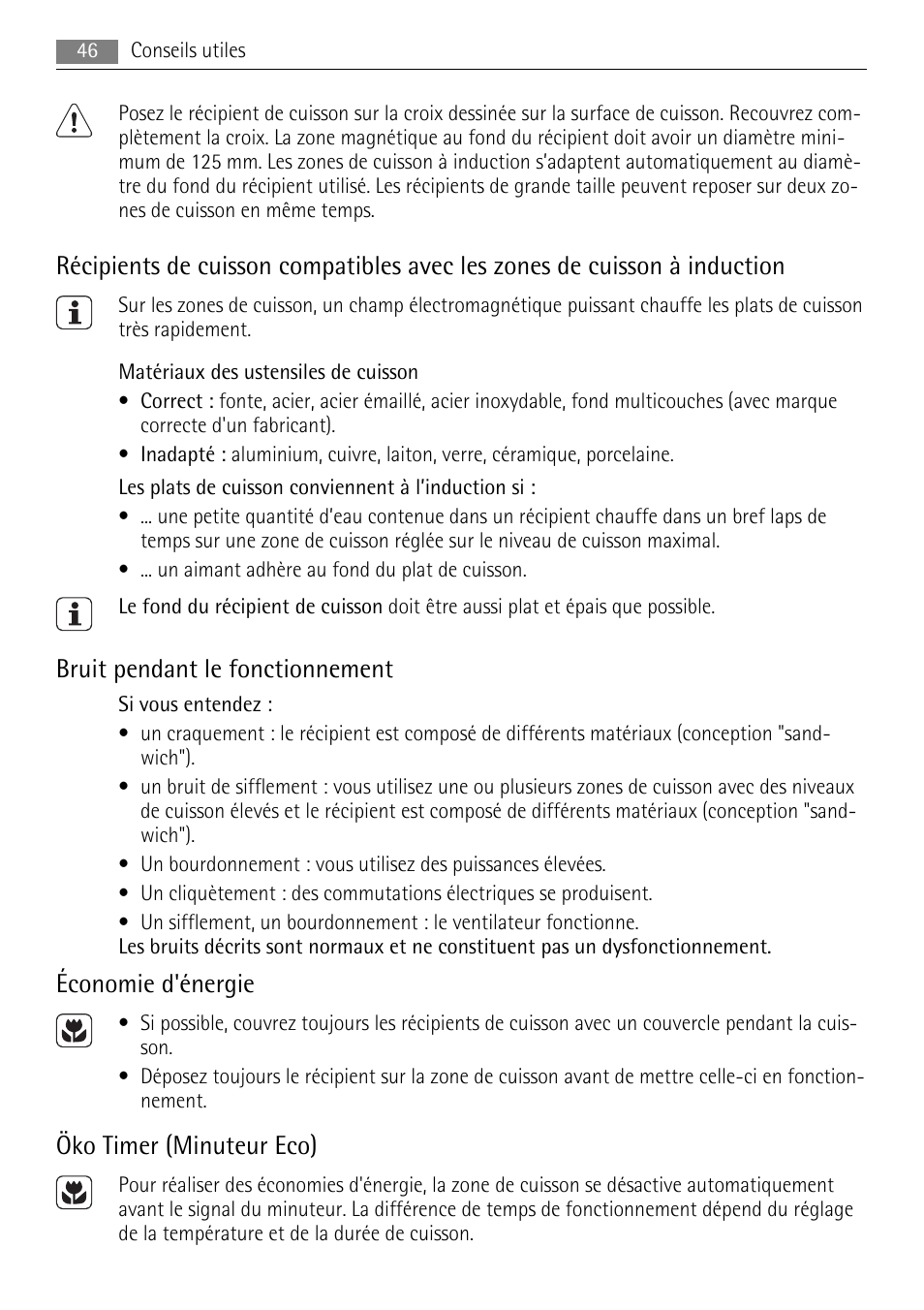 Bruit pendant le fonctionnement, Économie d'énergie, Öko timer (minuteur eco) | AEG HK693322XG User Manual | Page 46 / 68