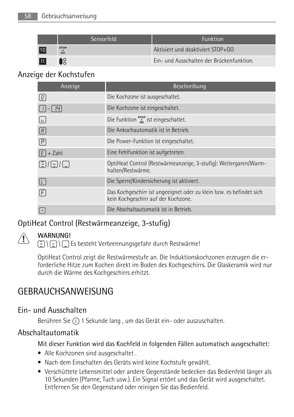 Gebrauchsanweisung, Anzeige der kochstufen, Optiheat control (restwärmeanzeige, 3-stufig) | Ein- und ausschalten, Abschaltautomatik | AEG HK693322XG User Manual | Page 58 / 68