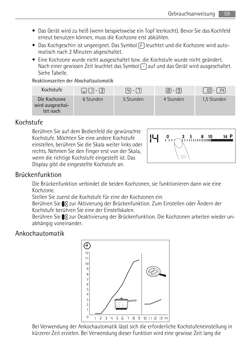 Kochstufe, Brückenfunktion, Ankochautomatik | AEG HK693322XG User Manual | Page 59 / 68