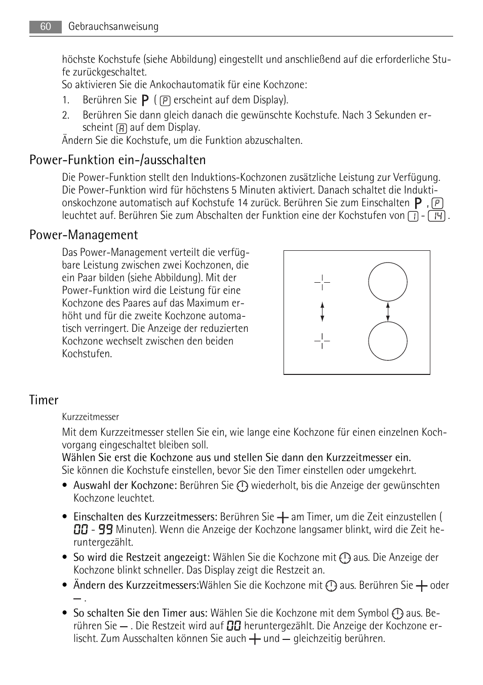 Power-funktion ein-/ausschalten, Power-management, Timer | AEG HK693322XG User Manual | Page 60 / 68