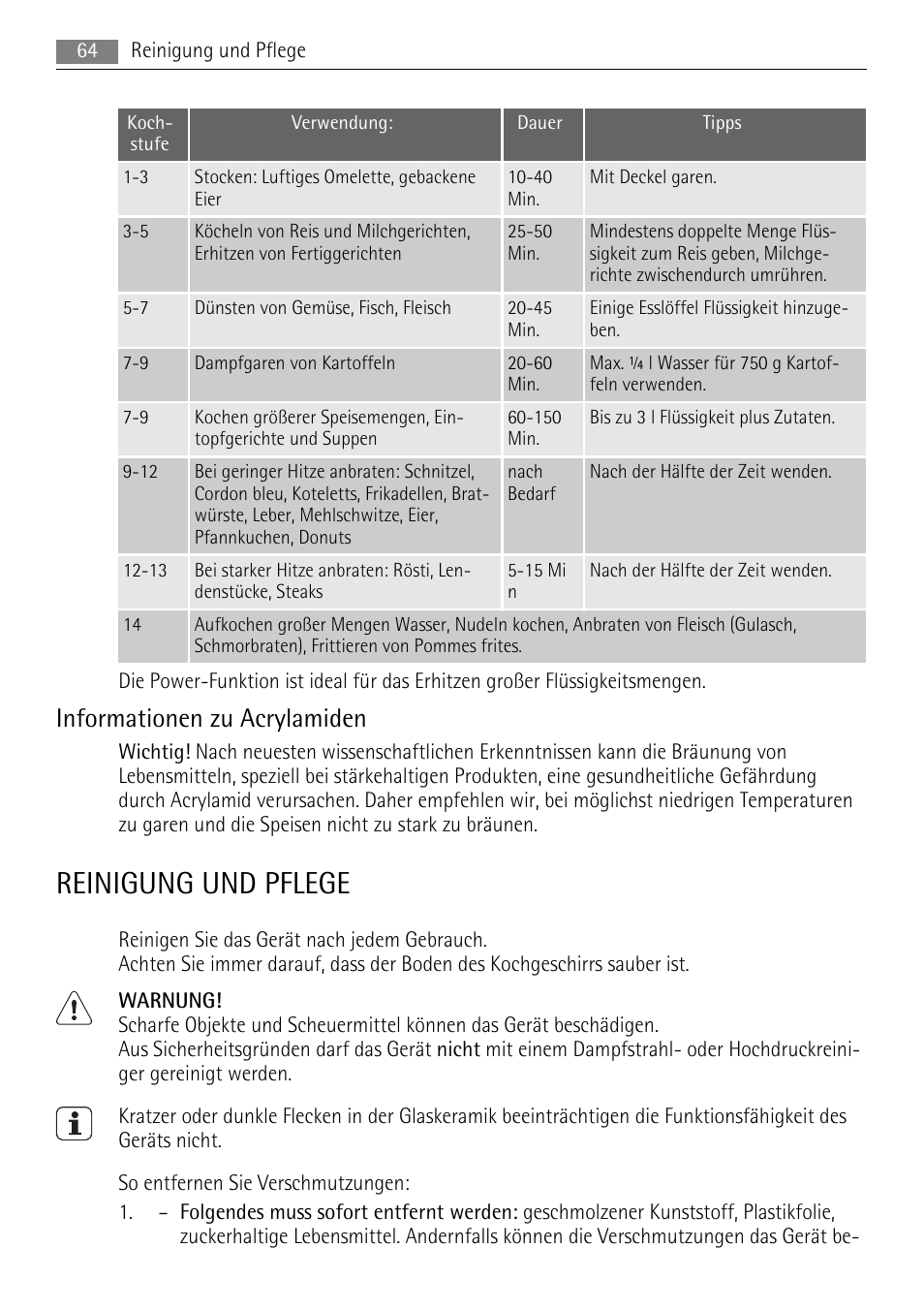 Reinigung und pflege, Informationen zu acrylamiden | AEG HK693322XG User Manual | Page 64 / 68