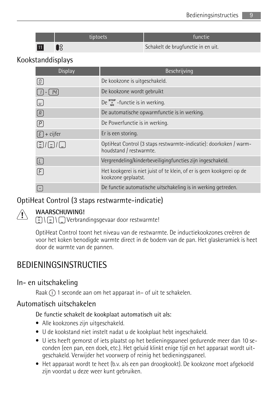 Bedieningsinstructies, Kookstanddisplays, Optiheat control (3 staps restwarmte-indicatie) | In- en uitschakeling, Automatisch uitschakelen | AEG HK693322XG User Manual | Page 9 / 68