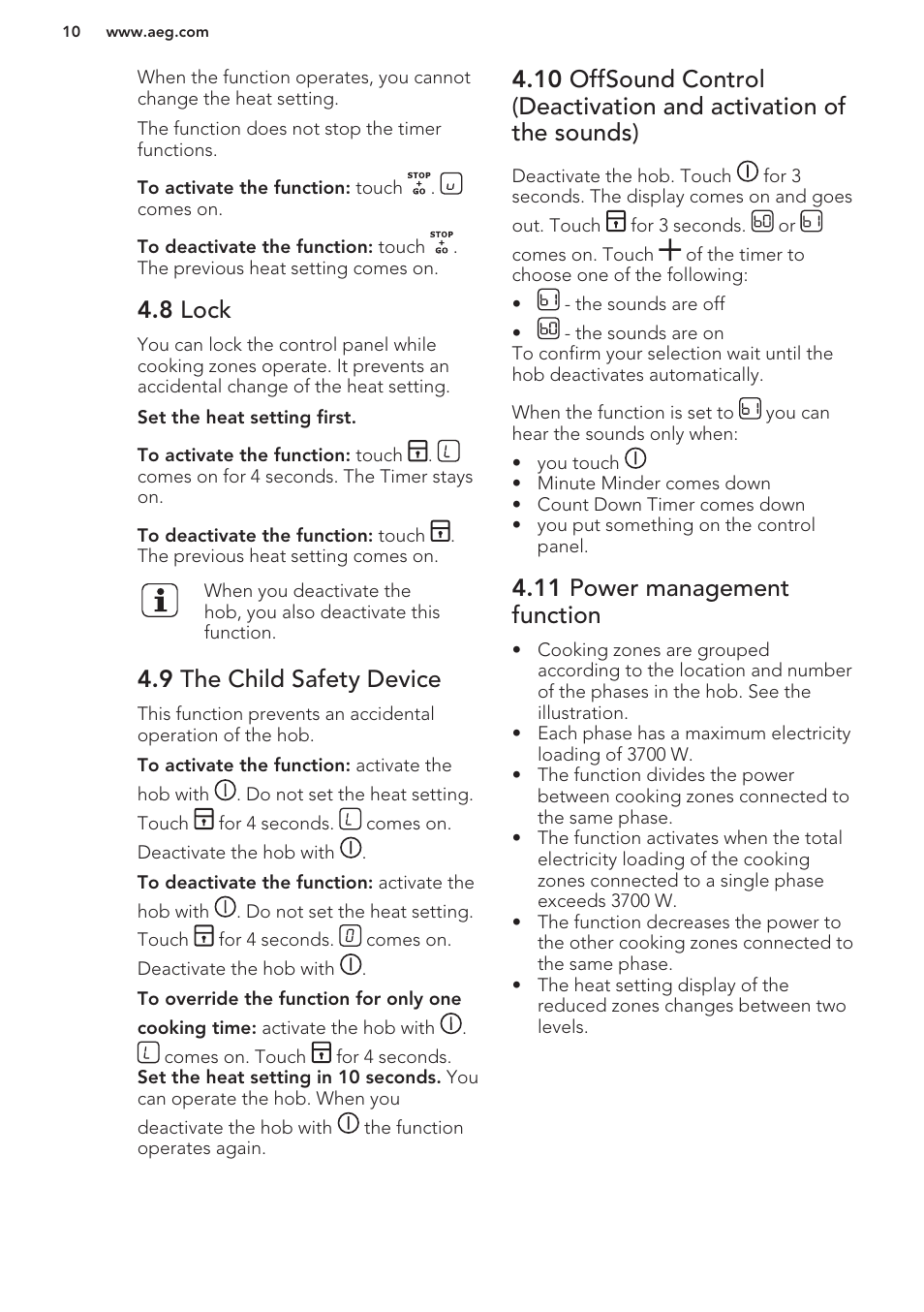 8 lock, 9 the child safety device, 11 power management function | AEG HK653222XB User Manual | Page 10 / 60