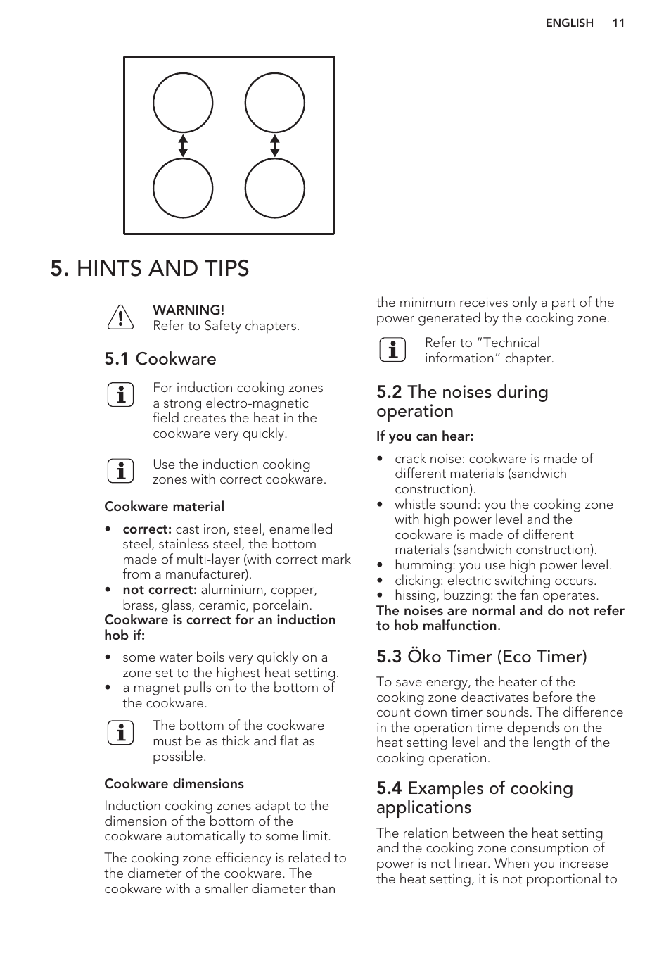 Hints and tips, 1 cookware, 2 the noises during operation | 3 öko timer (eco timer), 4 examples of cooking applications | AEG HK653222XB User Manual | Page 11 / 60