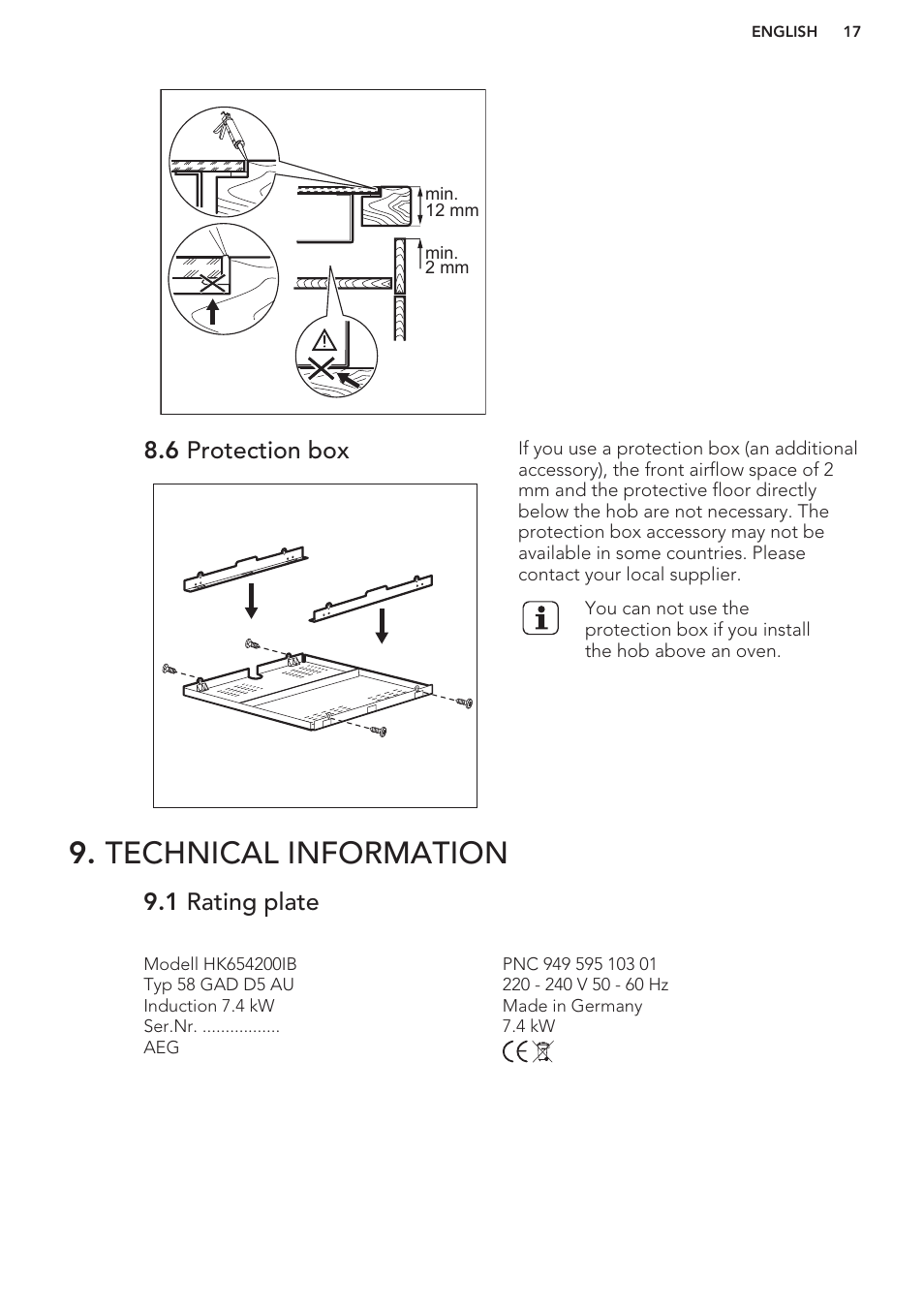 6 protection box, Technical information, 1 rating plate | AEG HK653222XB User Manual | Page 17 / 60