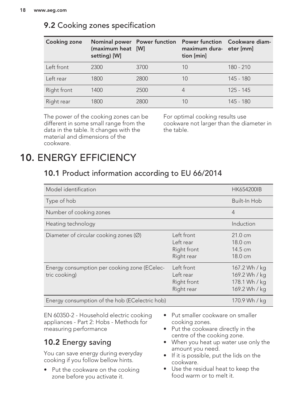 2 cooking zones specification, Energy efficiency, 1 product information according to eu 66/2014 | 2 energy saving | AEG HK653222XB User Manual | Page 18 / 60