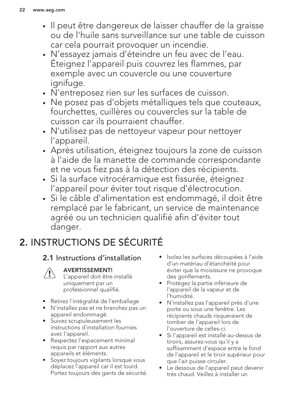 Instructions de sécurité, 1 instructions d’installation, N'entreposez rien sur les surfaces de cuisson | AEG HK653222XB User Manual | Page 22 / 60