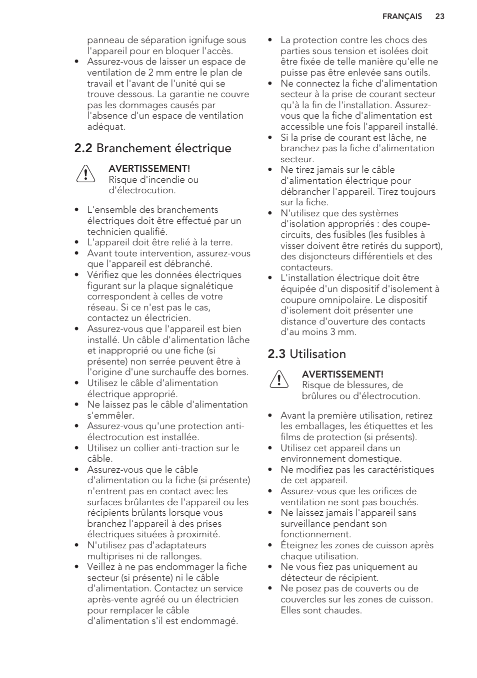 2 branchement électrique, 3 utilisation | AEG HK653222XB User Manual | Page 23 / 60