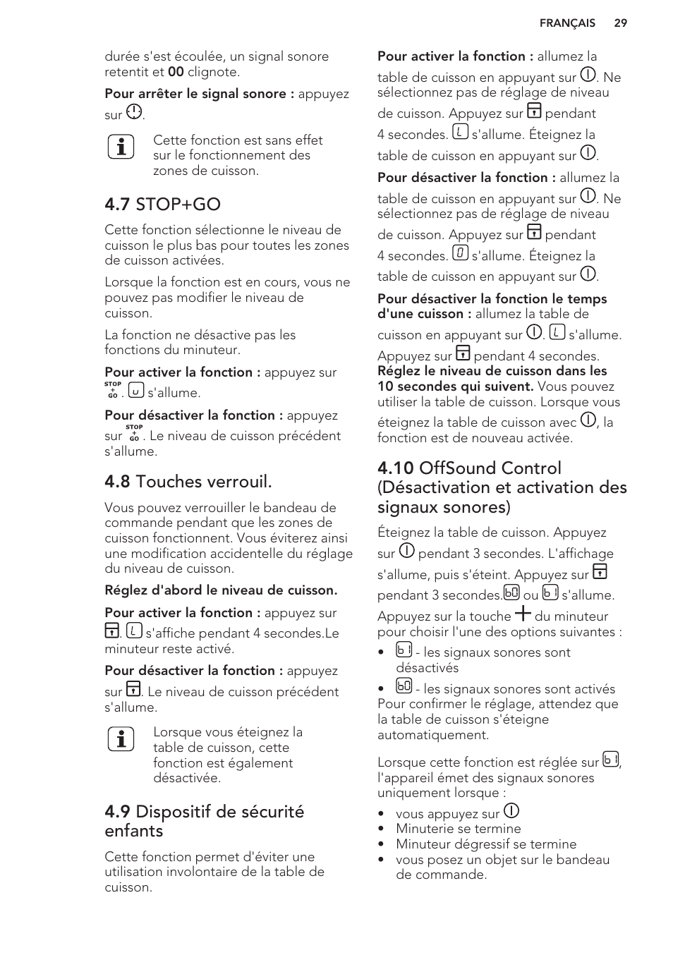 7 stop+go, 8 touches verrouil, 9 dispositif de sécurité enfants | AEG HK653222XB User Manual | Page 29 / 60