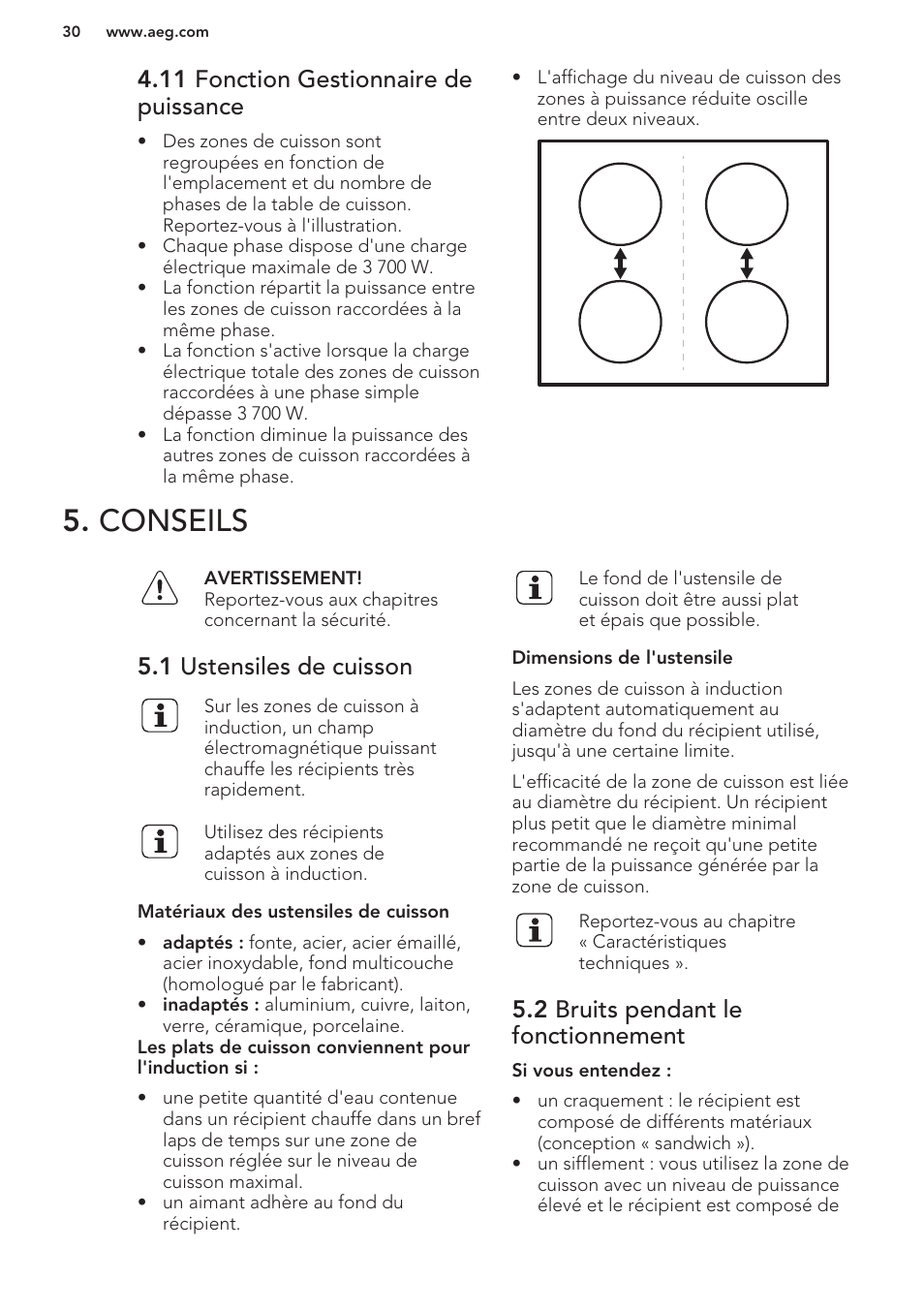 11 fonction gestionnaire de puissance, Conseils, 1 ustensiles de cuisson | 2 bruits pendant le fonctionnement | AEG HK653222XB User Manual | Page 30 / 60