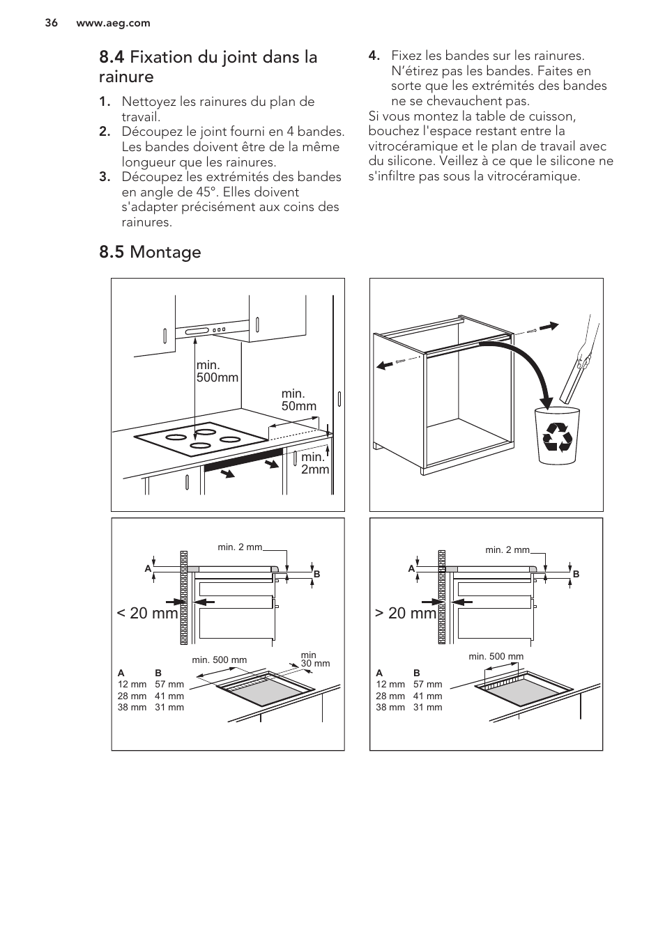 4 fixation du joint dans la rainure, 5 montage, 20 mm > 20 mm | AEG HK653222XB User Manual | Page 36 / 60
