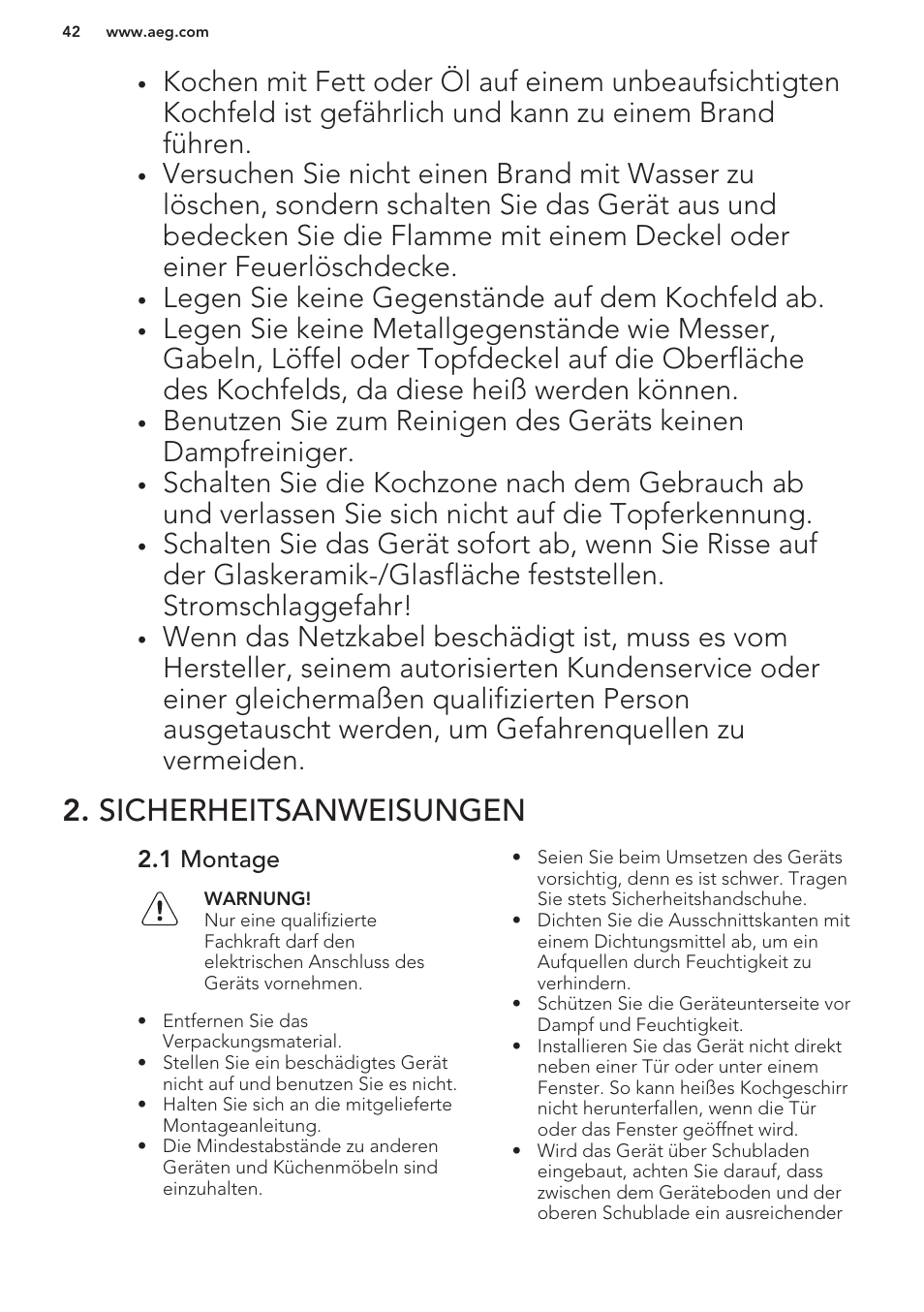 Sicherheitsanweisungen, 1 montage, Legen sie keine gegenstände auf dem kochfeld ab | AEG HK653222XB User Manual | Page 42 / 60