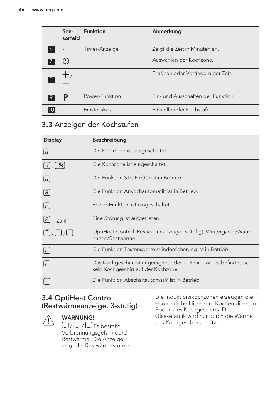 3 anzeigen der kochstufen, 4 optiheat control (restwärmeanzeige, 3-stufig) | AEG HK653222XB User Manual | Page 46 / 60