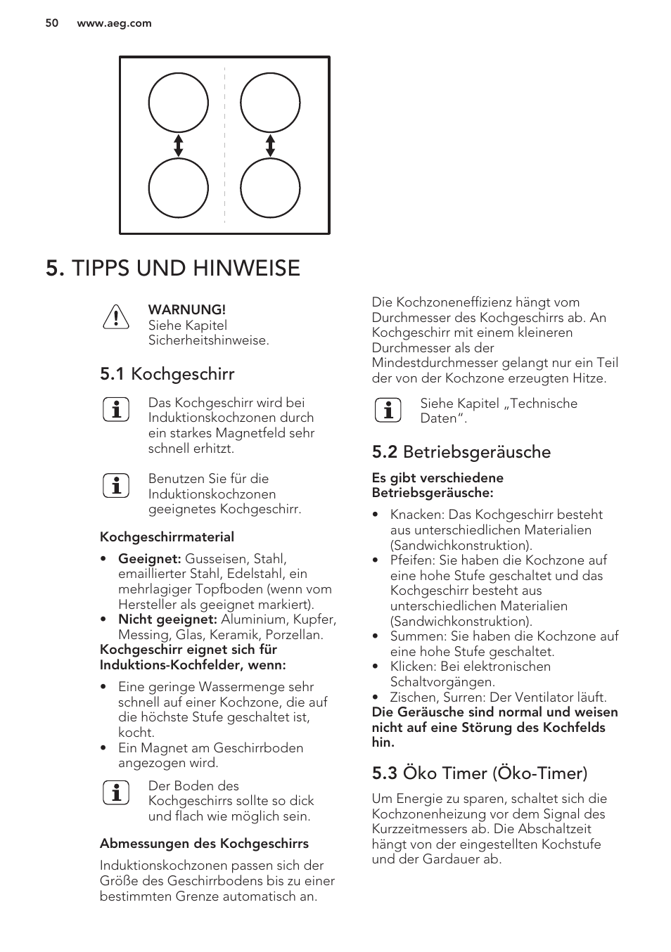 Tipps und hinweise, 1 kochgeschirr, 2 betriebsgeräusche | 3 öko timer (öko-timer) | AEG HK653222XB User Manual | Page 50 / 60