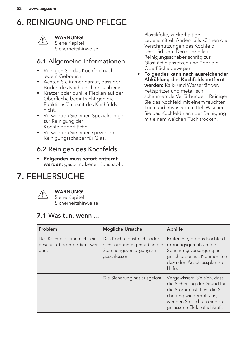 Reinigung und pflege, 1 allgemeine informationen, 2 reinigen des kochfelds | Fehlersuche, 1 was tun, wenn, Reinigung und pflege 7. fehlersuche | AEG HK653222XB User Manual | Page 52 / 60