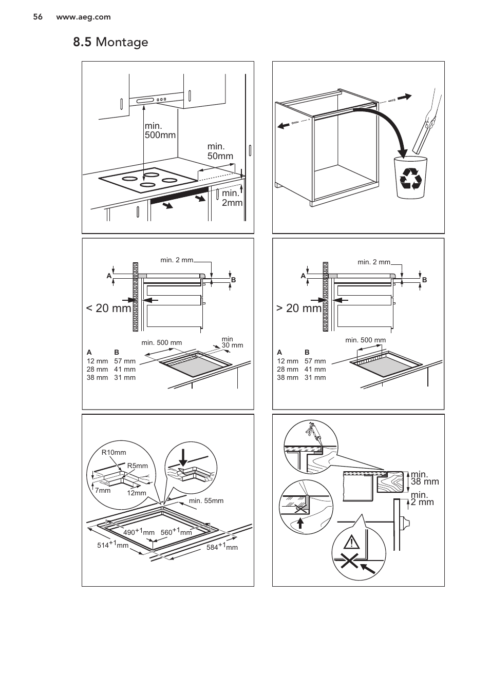 5 montage, 20 mm > 20 mm, Min. 38 mm min. 2 mm | AEG HK653222XB User Manual | Page 56 / 60