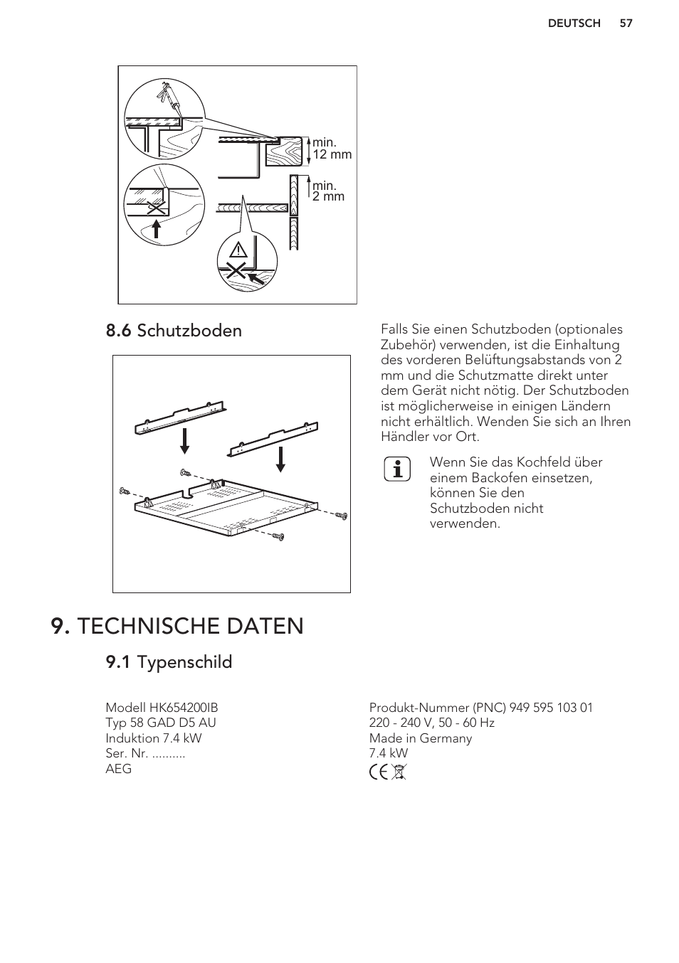 6 schutzboden, Technische daten, 1 typenschild | AEG HK653222XB User Manual | Page 57 / 60
