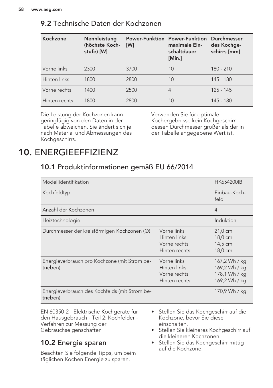 2 technische daten der kochzonen, Energieeffizienz, 1 produktinformationen gemäß eu 66/2014 | 2 energie sparen | AEG HK653222XB User Manual | Page 58 / 60