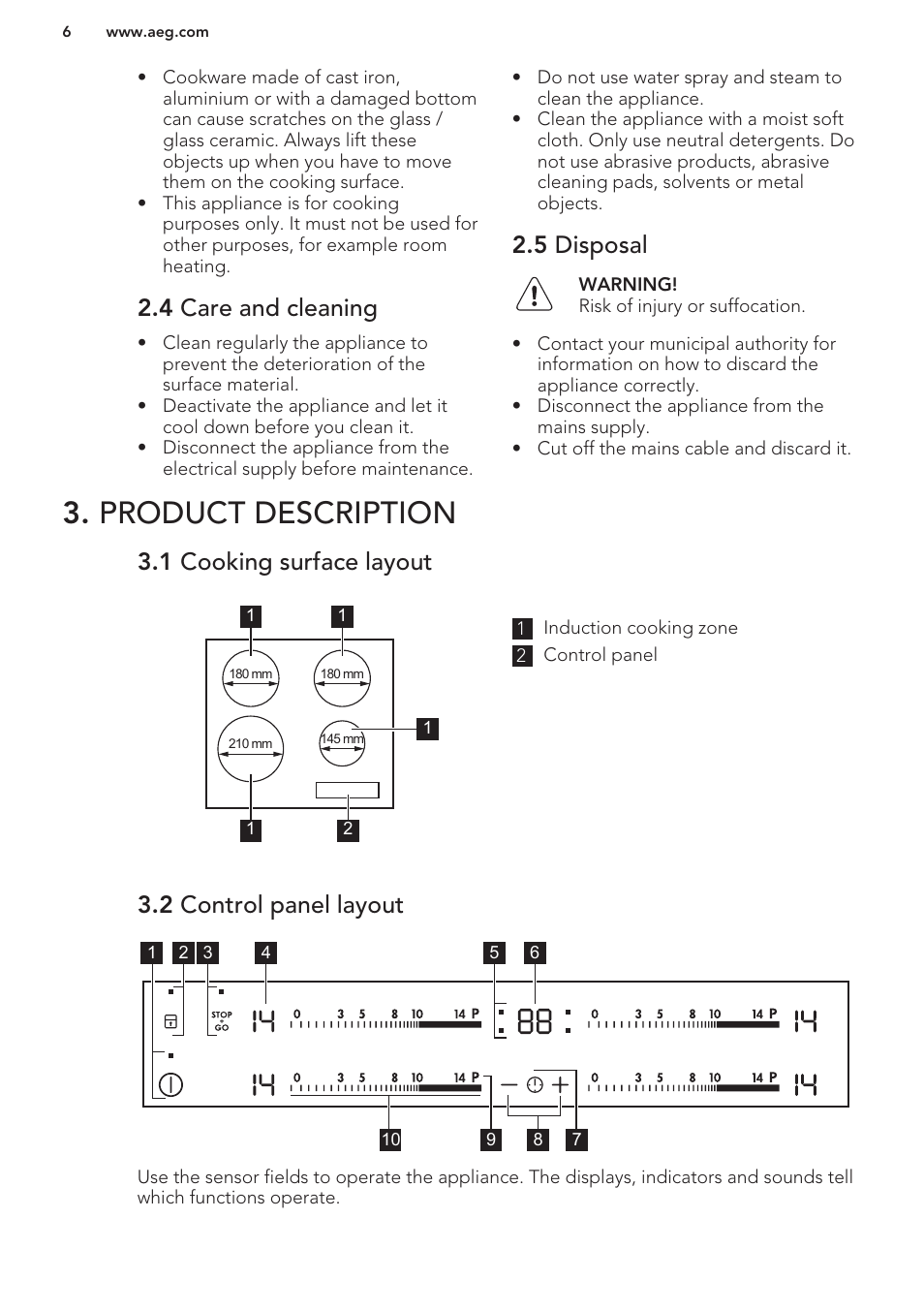 4 care and cleaning, 5 disposal, Product description | 1 cooking surface layout, 2 control panel layout | AEG HK653222XB User Manual | Page 6 / 60