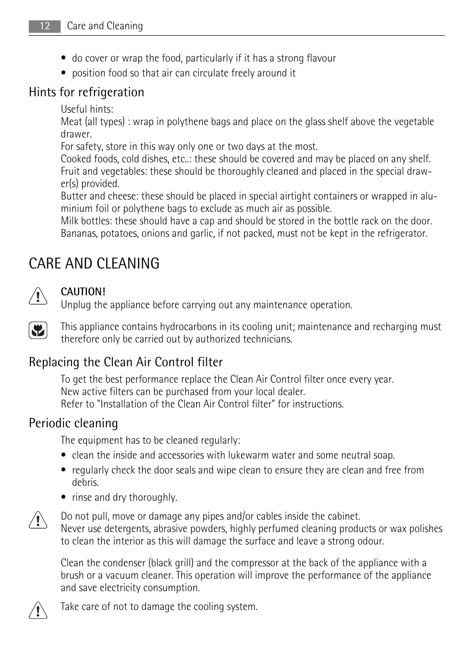 Care and cleaning, Hints for refrigeration, Replacing the clean air control filter | Periodic cleaning | AEG S84000KMX0 User Manual | Page 12 / 84