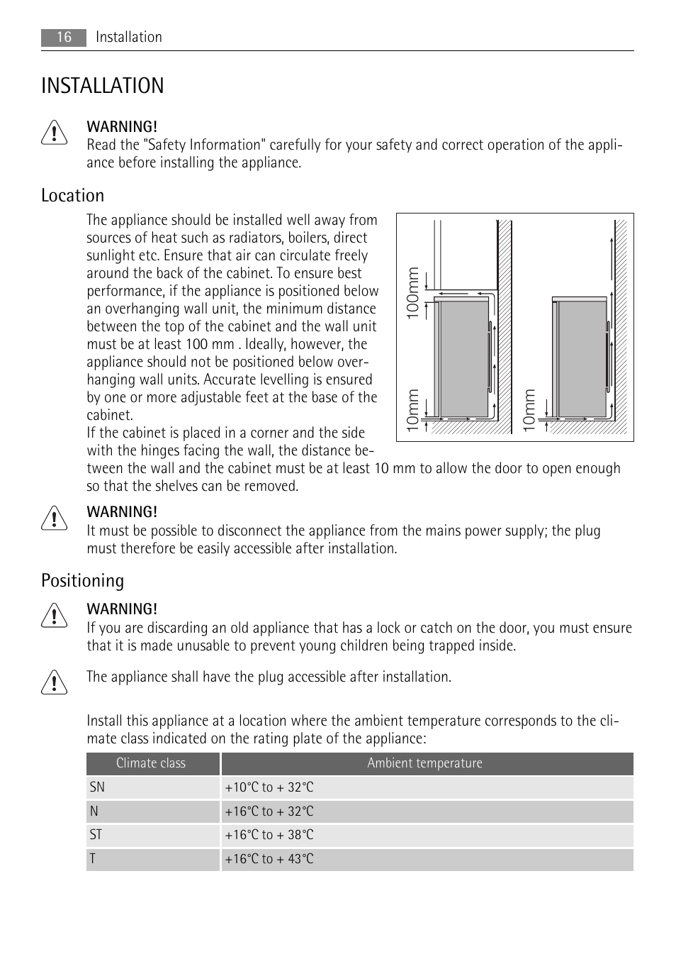 Installation, Location, Positioning | AEG S84000KMX0 User Manual | Page 16 / 84