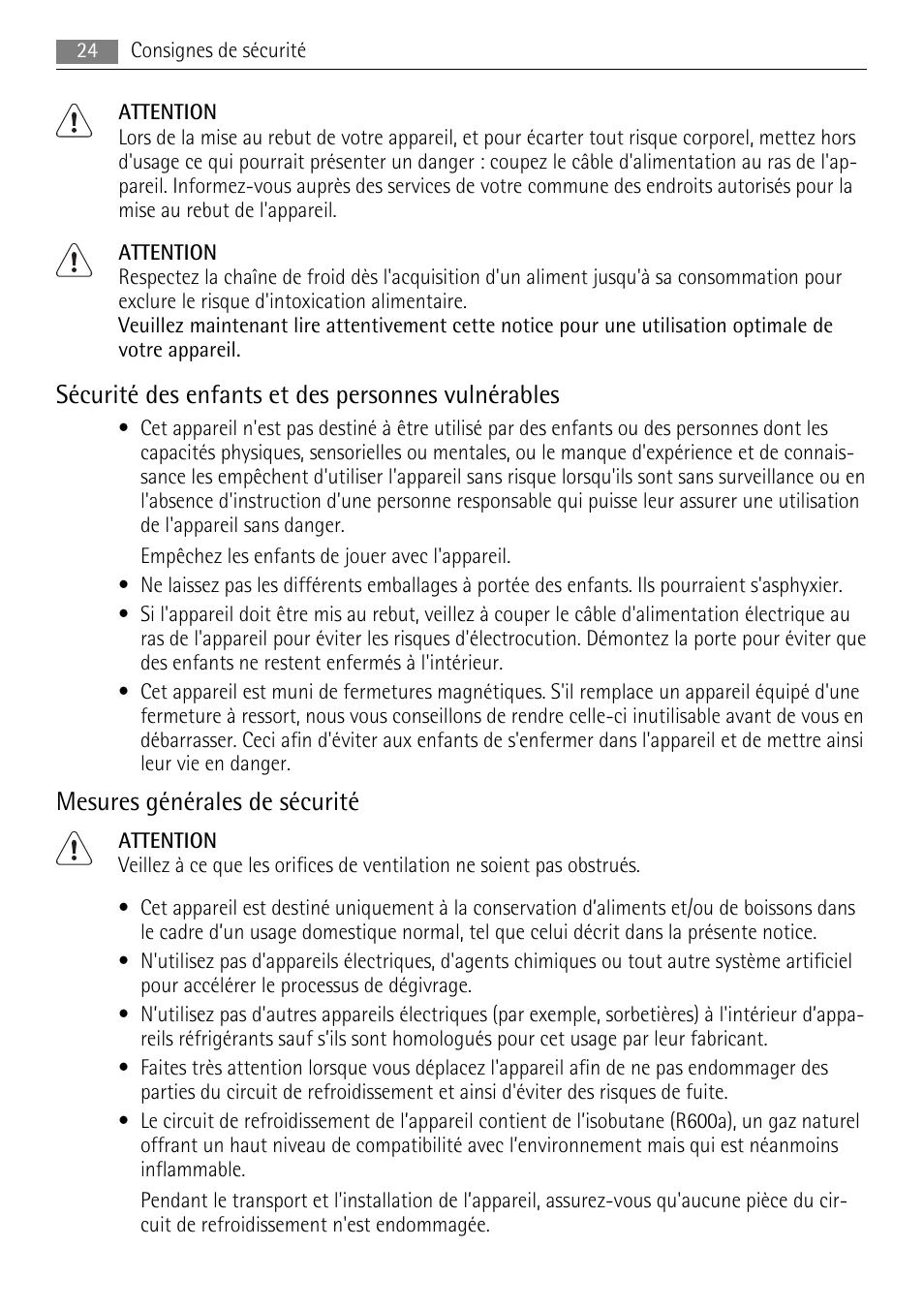 Sécurité des enfants et des personnes vulnérables, Mesures générales de sécurité | AEG S84000KMX0 User Manual | Page 24 / 84